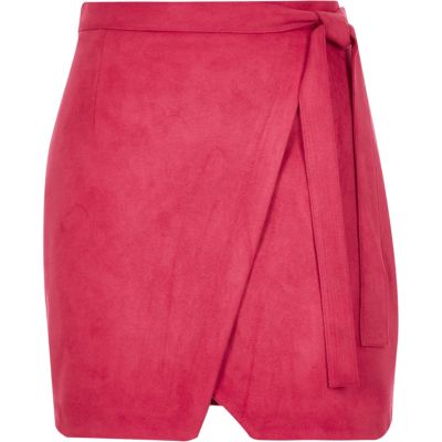 Pink faux suede wrap mini skirt